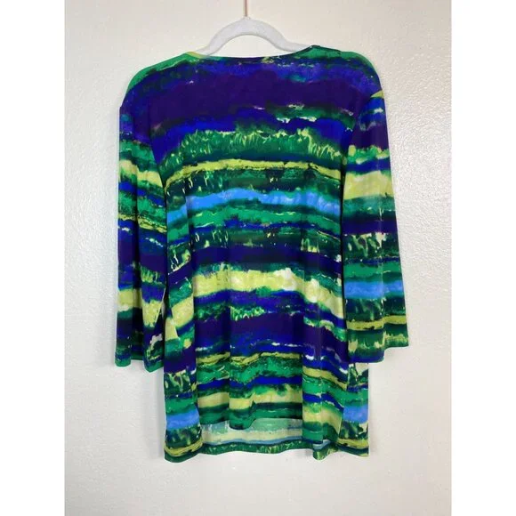 Susan Graver Women Top size Large Liquid knit V-Neck Watercolor 3/4 Sleeve Artsy - Picture 2 of 12